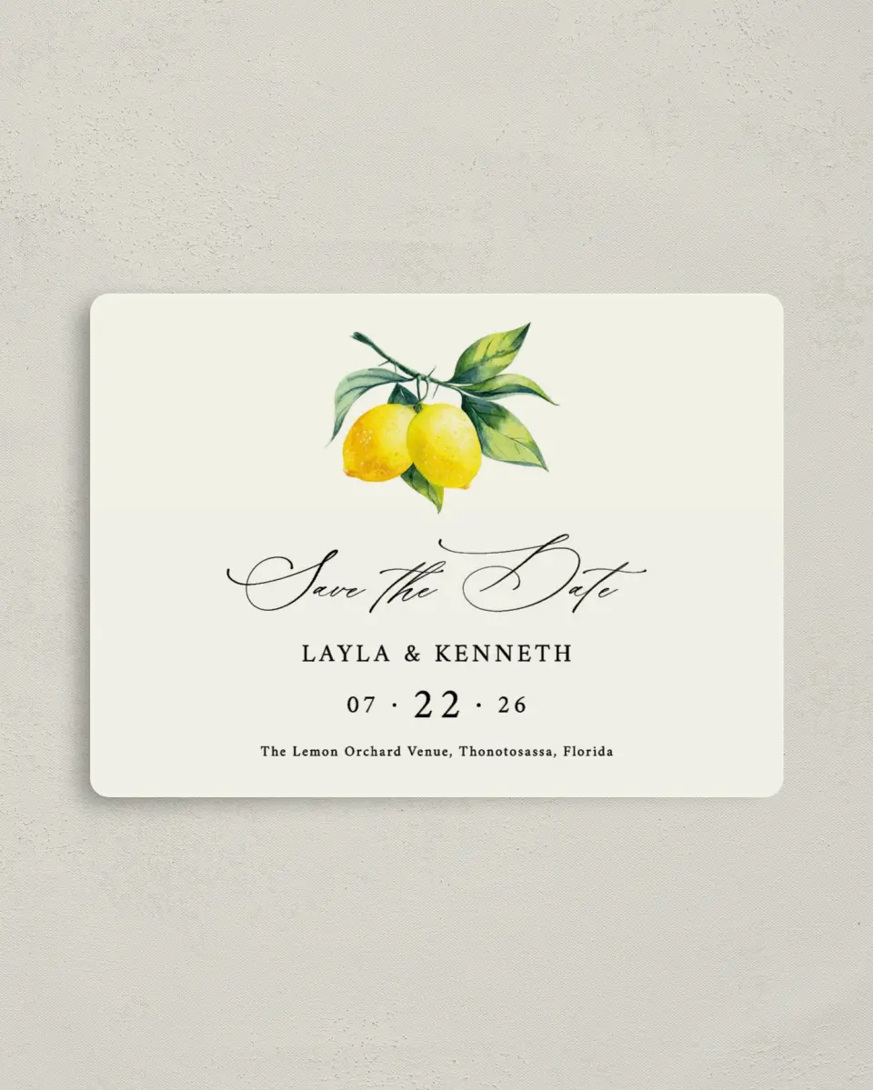 This is a 4" x 5½" Save the Date Magnet called Antique Lemon printed in full color with Silver foil and a Luxe Satin finish