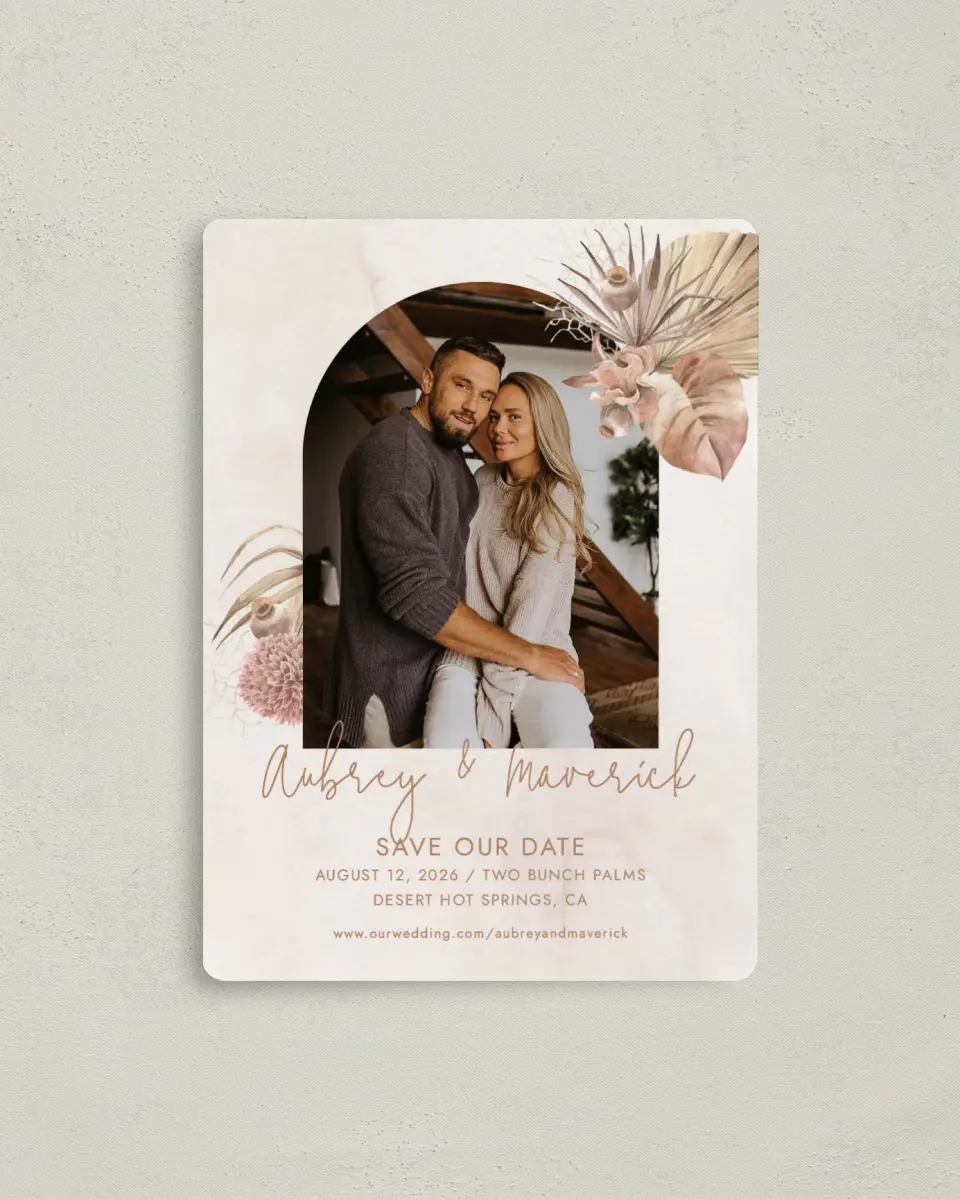 This is a 4" x 5½" Save the Date Magnet called Boho Blooms printed in full color with a Luxe Satin finish