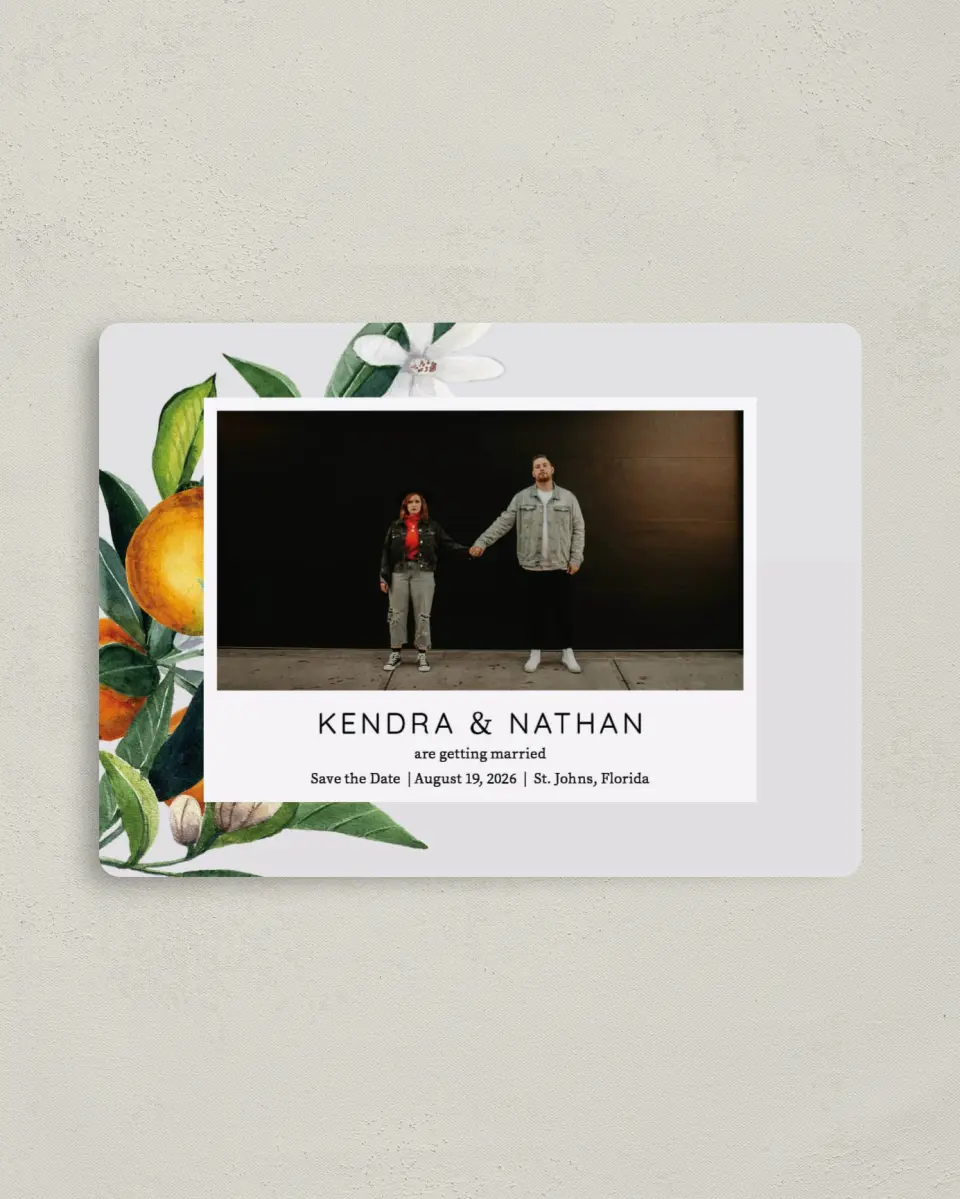 This is a 4" x 5½" Save the Date Magnet called Mod Citrus printed in full color with a Luxe Satin finish
