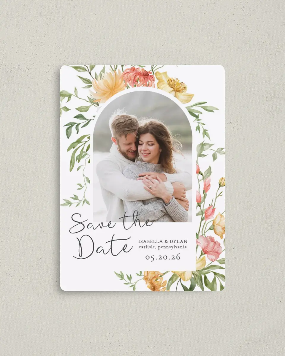 This is a 4" x 5½" Save the Date Magnet called Secluded Blooms printed in full color with a Luxe Satin finish