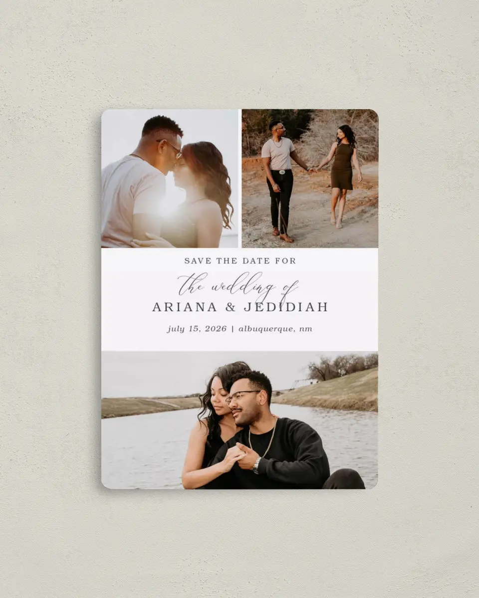 This is a 4" x 5½" Save the Date Magnet called Flawless Photo printed in full color with a Luxe Satin finish