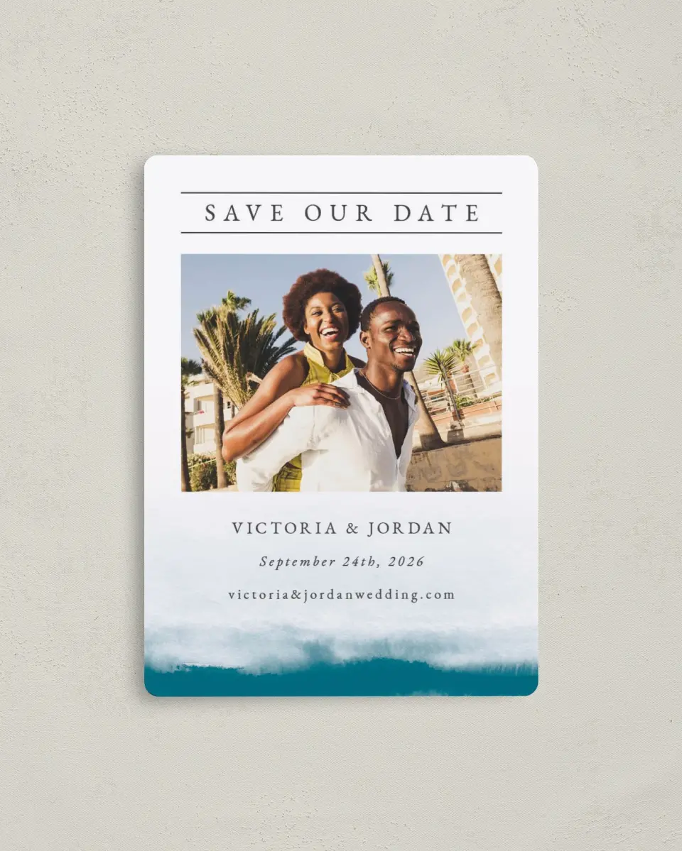 This is a 4" x 5½" Save the Date Magnet called Shore Impression printed in full color with a Luxe Satin finish