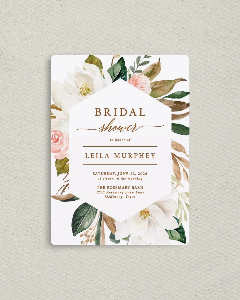 This is a 4" x 5½" Bridal Shower Invitation Magnet called Lovely Magnolia printed in full color with a Luxe Satin finish