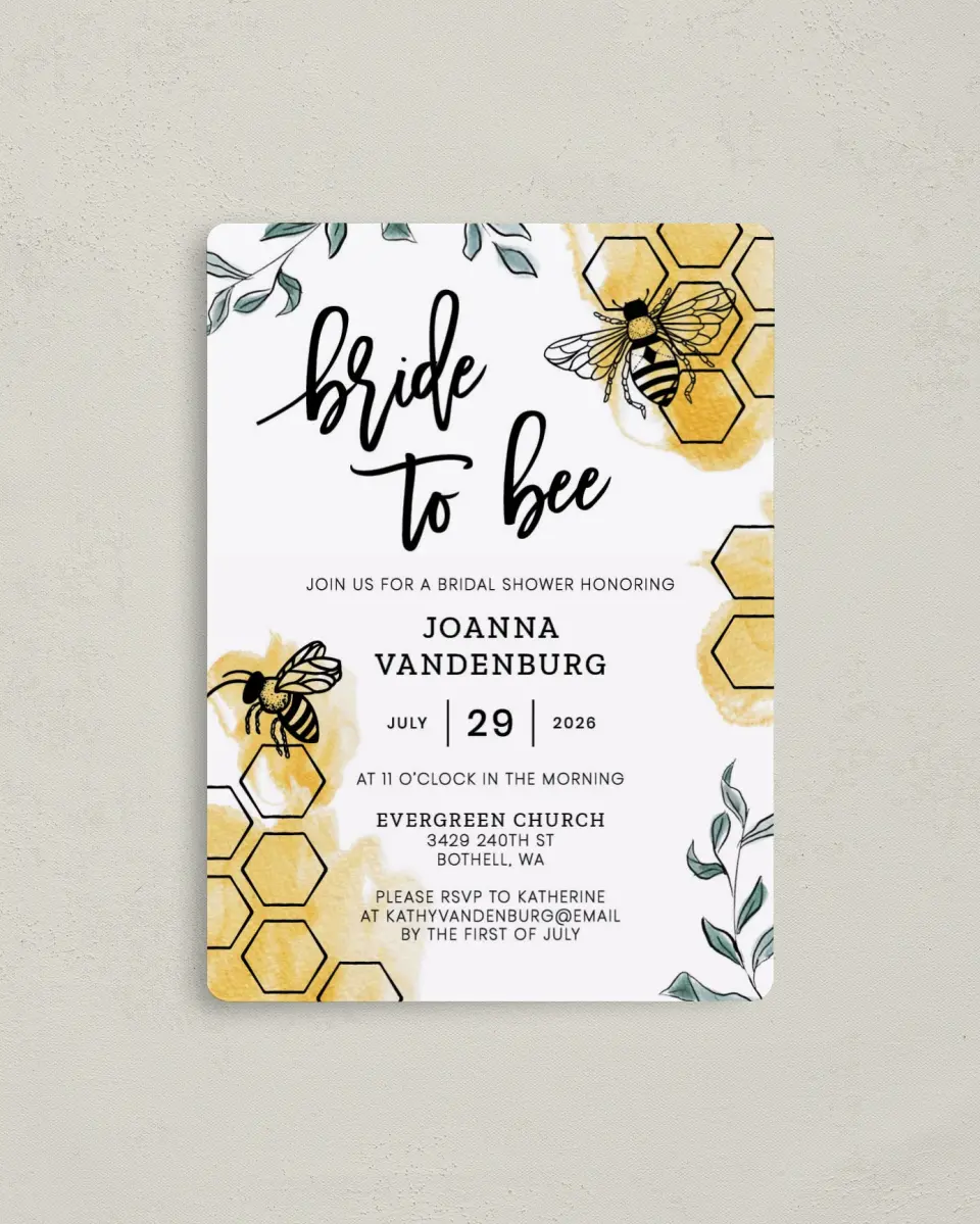 This is a 4" x 5½" Bridal Shower Invitation Magnet called Bride to Bee printed in full color with a Luxe Satin finish
