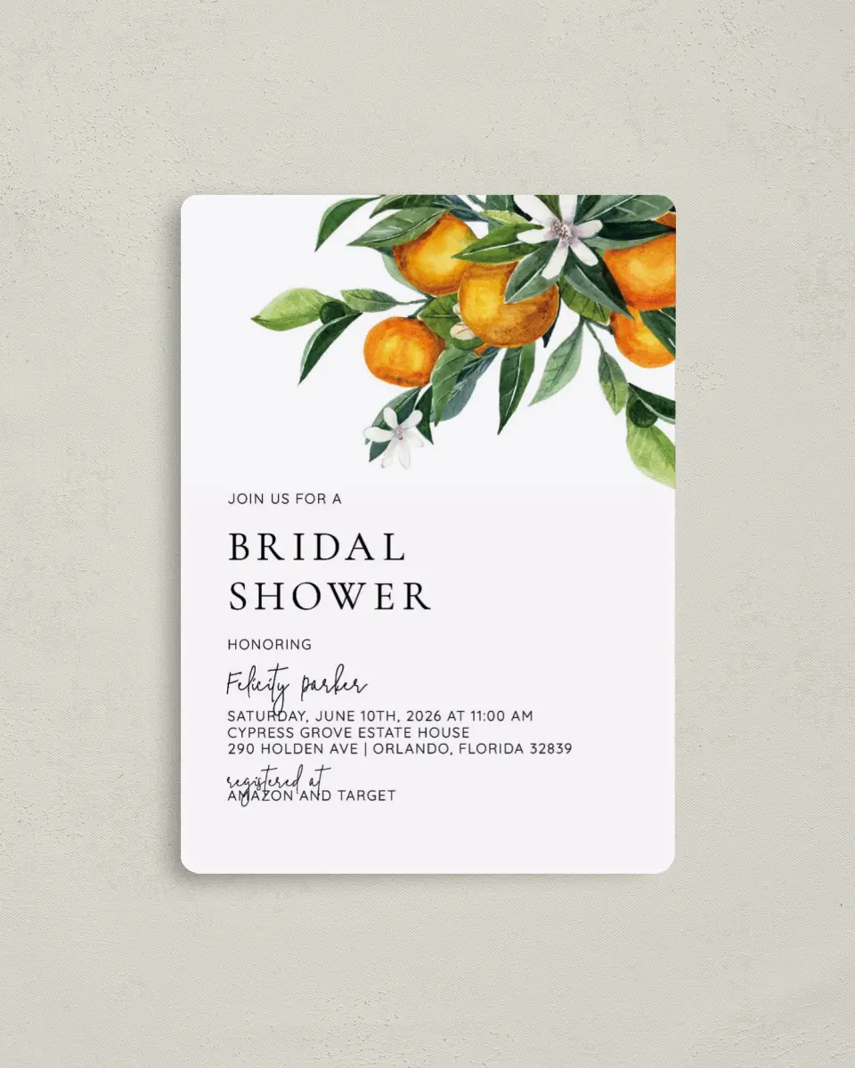 This is a 4" x 5½" Bridal Shower Invitation Magnet called Citrus Shower printed in full color with a Luxe Satin finish