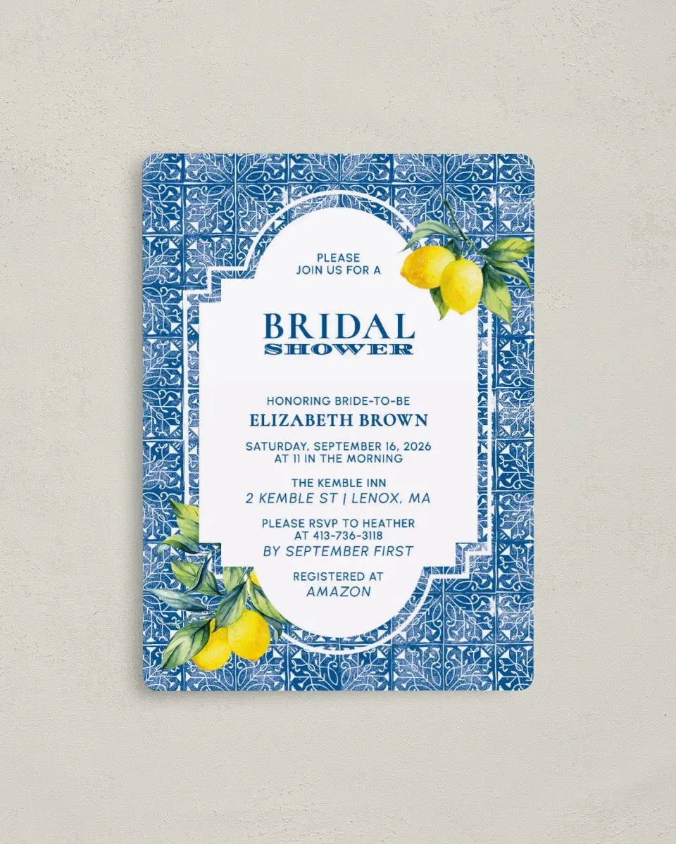 This is a 4" x 5½" Bridal Shower Invitation Magnet called Tiled Lemon printed in full color with a Luxe Satin finish