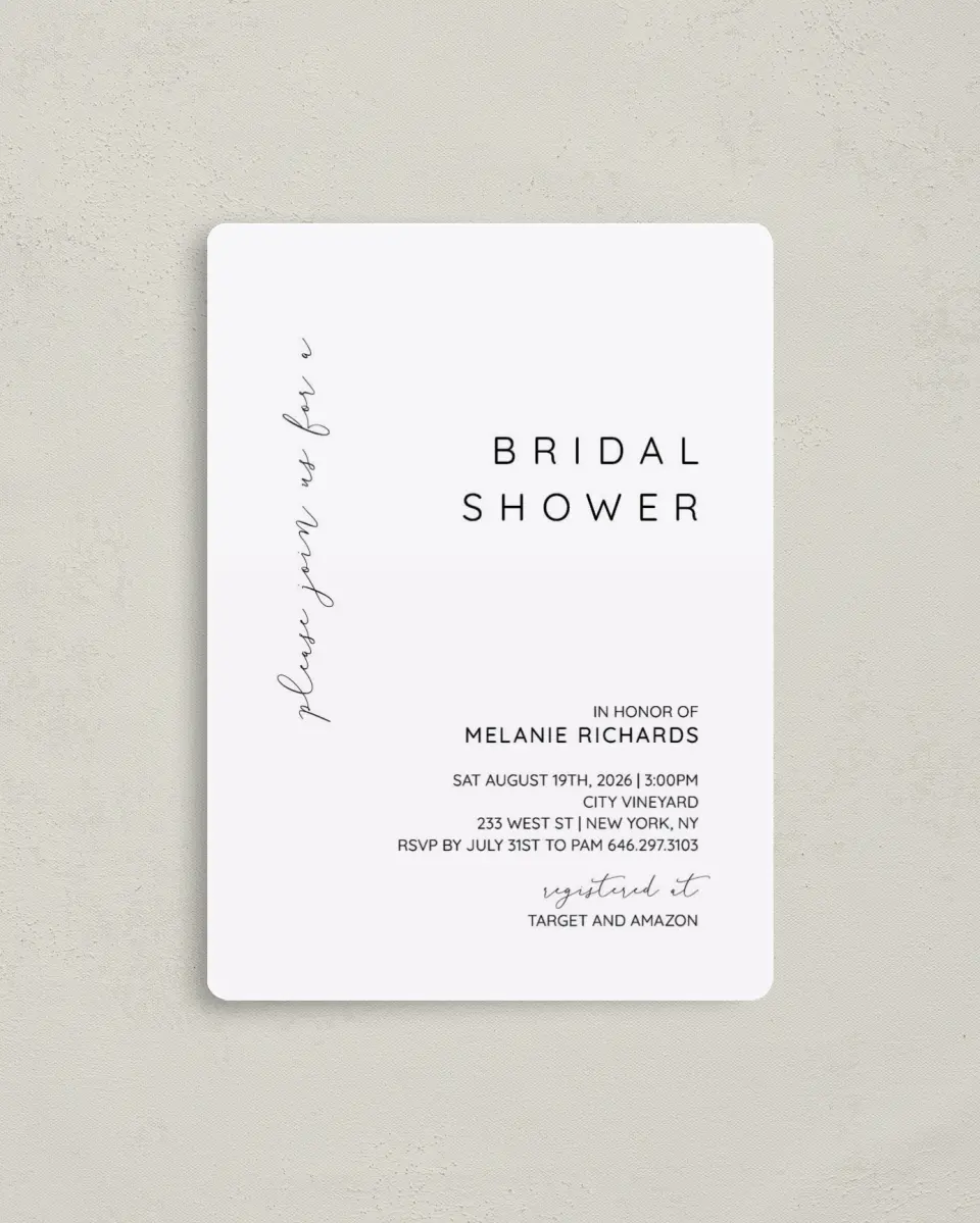 This is a 4" x 5½" Bridal Shower Invitation Magnet called Simple Soiree printed in full color with a Luxe Satin finish