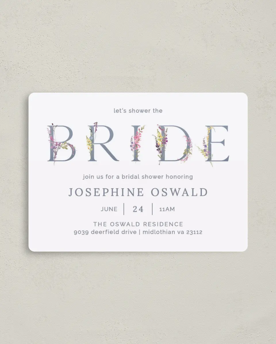 This is a 4" x 5½" Bridal Shower Invitation Magnet called Bride Florals printed in full color with a Luxe Satin finish