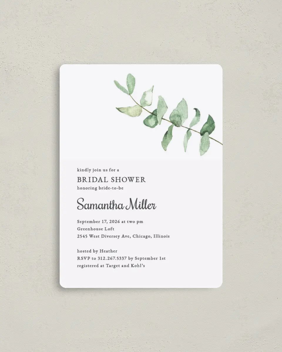 This is a 4" x 5½" Bridal Shower Invitation Magnet called Shower Leaf printed in full color with a Luxe Satin finish