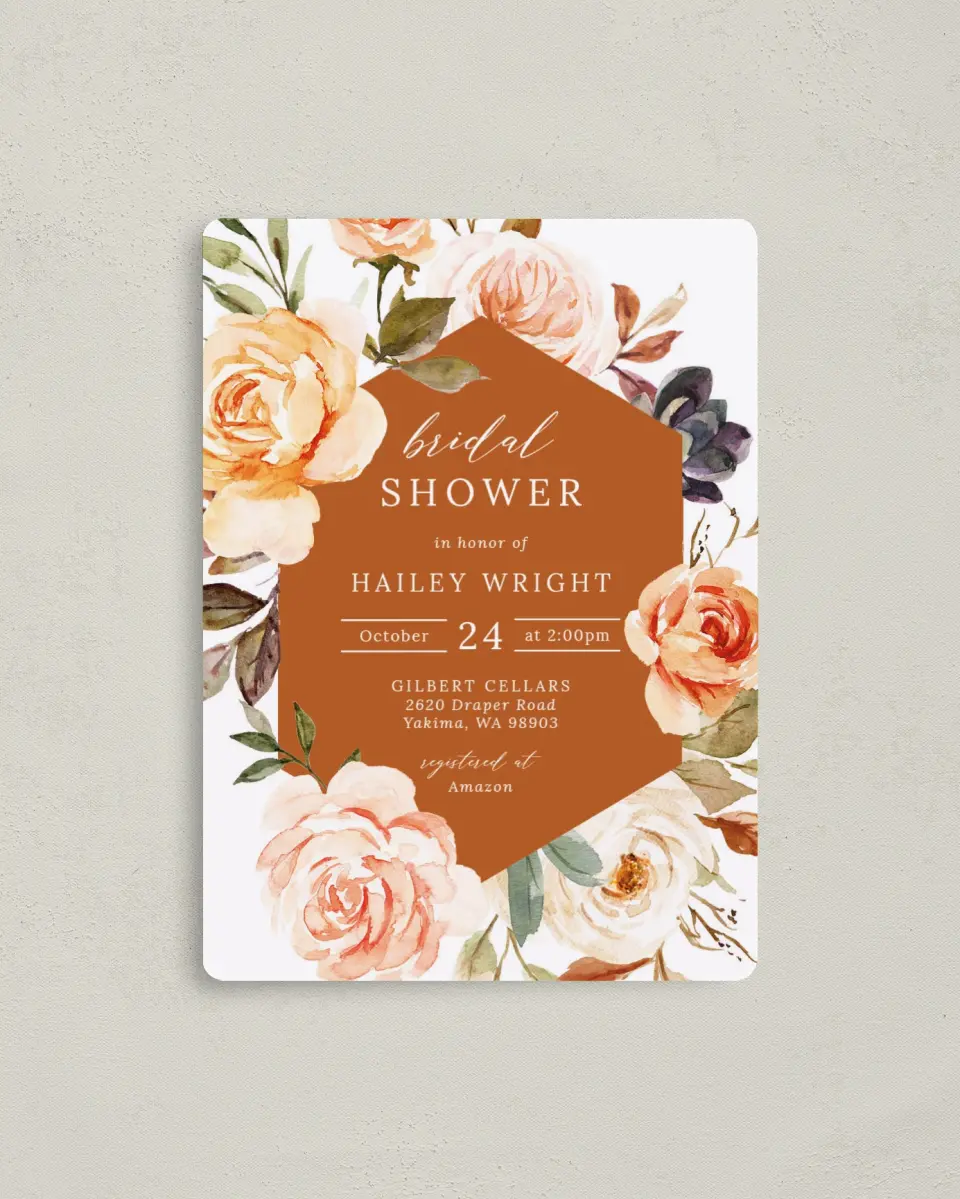 This is a 4" x 5½" Bridal Shower Invitation Magnet called Floral Fantasy printed in full color with a Luxe Satin finish