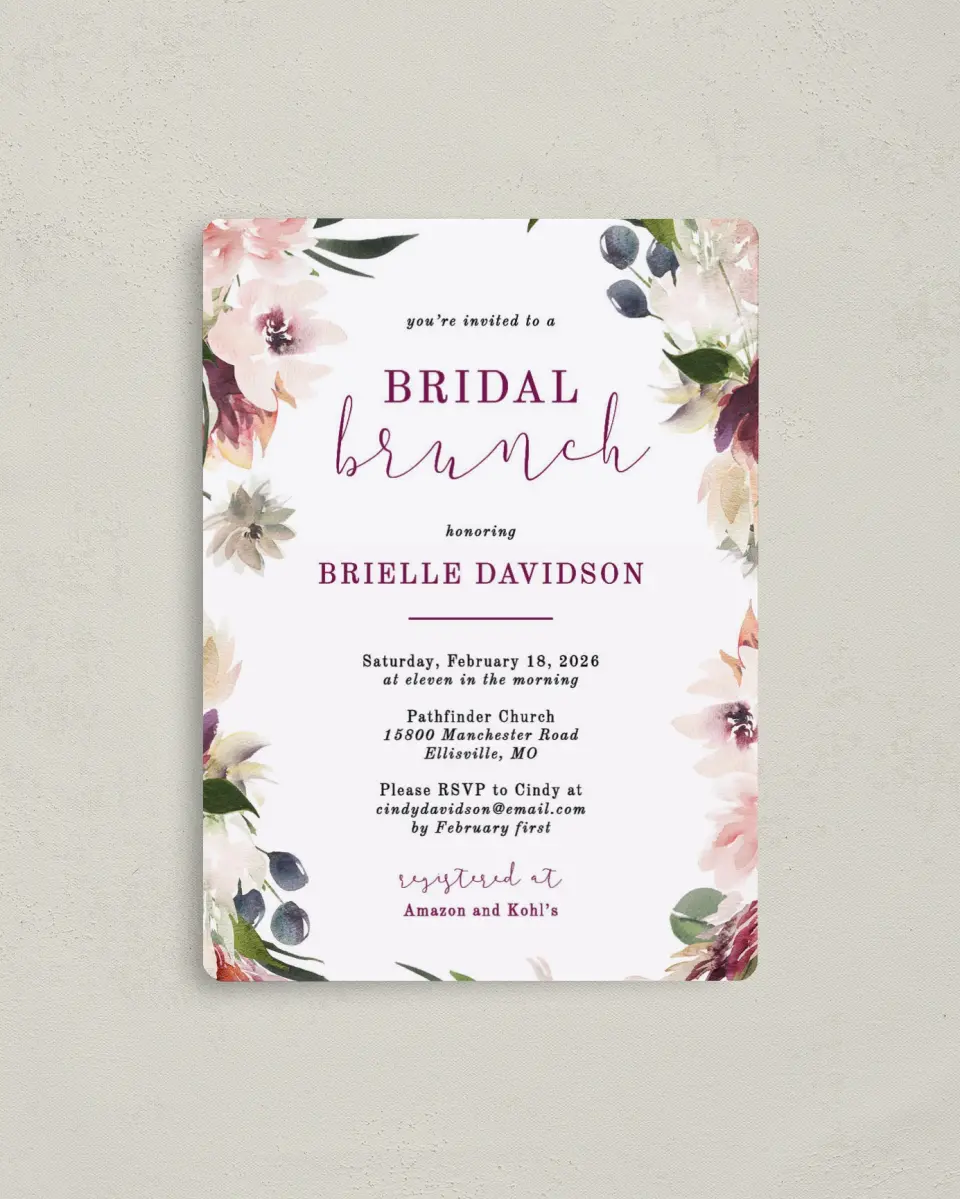 This is a 4" x 5½" Bridal Shower Invitation Magnet called Floral Brunch printed in full color with a Luxe Satin finish