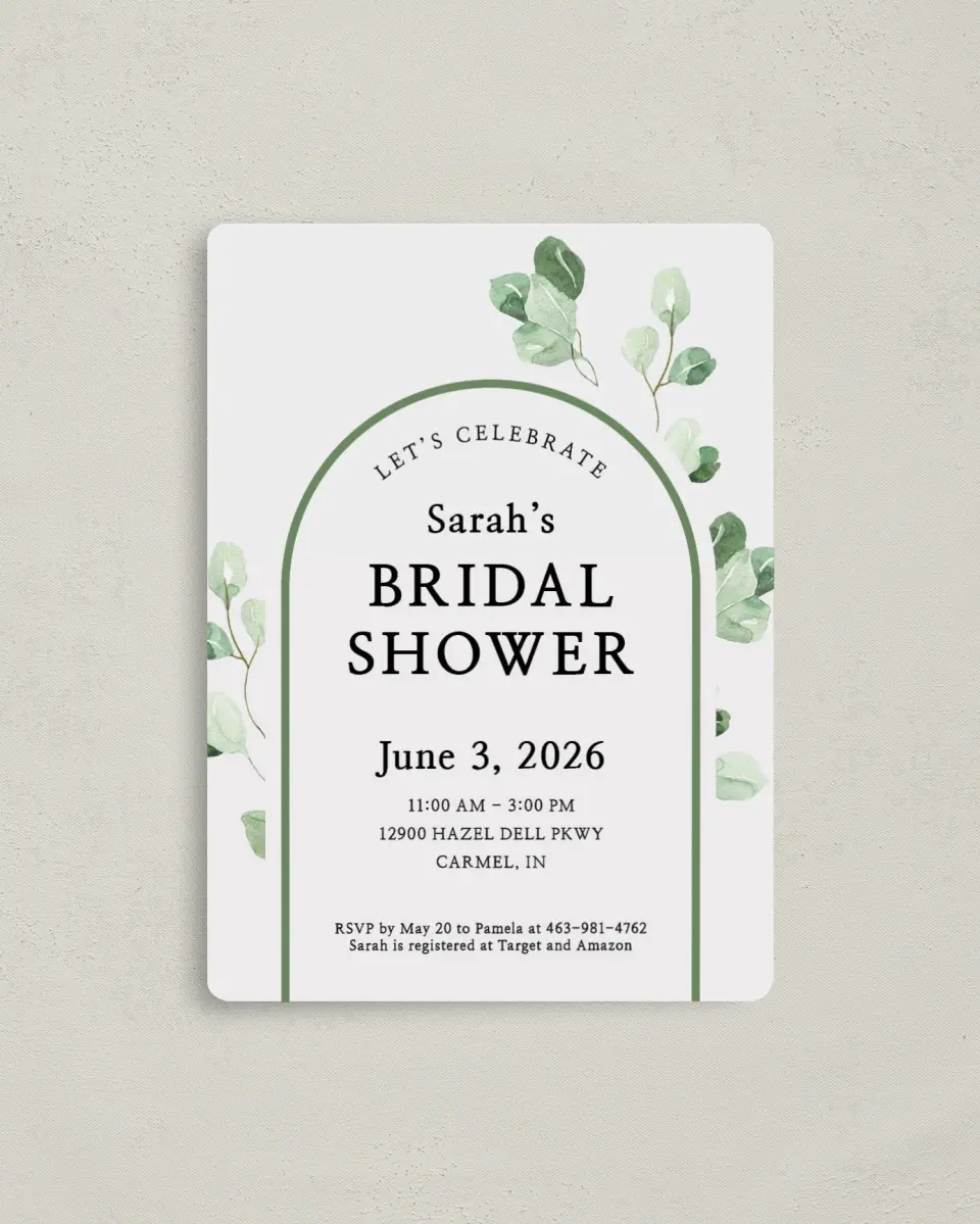 This is a 4" x 5½" Bridal Shower Invitation Magnet called Mod Greenery printed in full color with a Luxe Satin finish