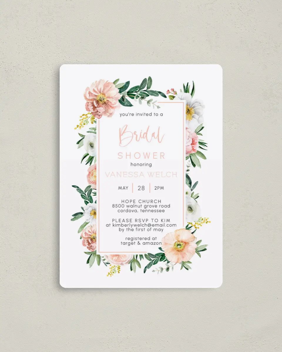 This is a 4" x 5½" Bridal Shower Invitation Magnet called Pink Blossoms printed in full color with a Luxe Satin finish