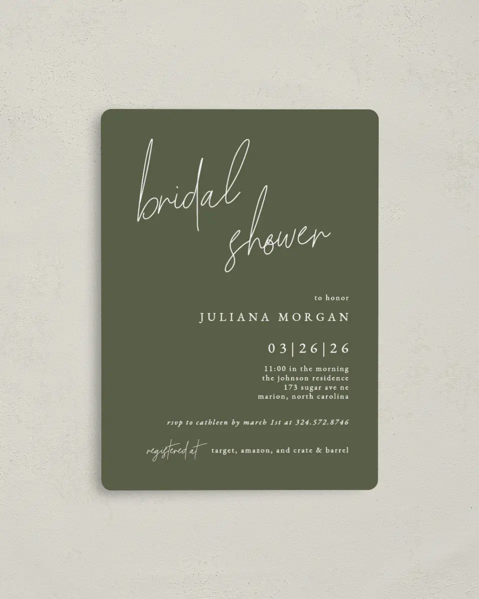 This is a 4" x 5½" Bridal Shower Invitation Magnet called Modern Bride printed in full color with a Luxe Satin finish
