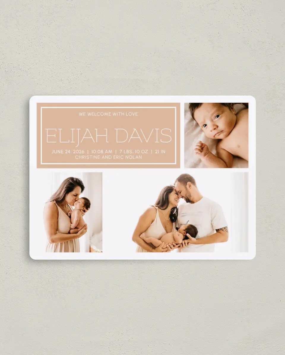 This is a 4" x 5½" Birth Announcement Magnet called Warm Welcome printed in full color with Gold foil and a Luxe Satin finish