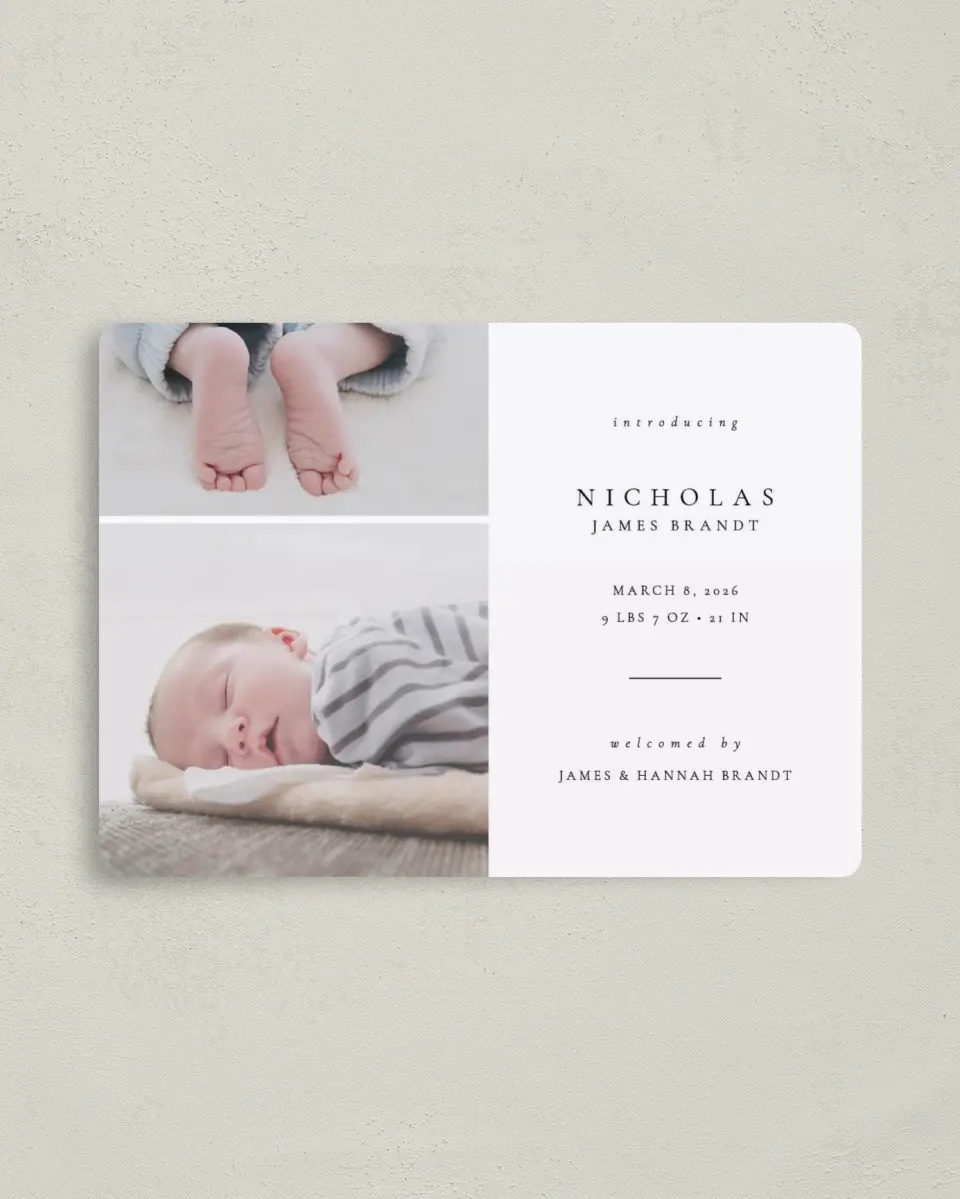 This is a 4" x 5½" Birth Announcement Magnet called Our Newest Addition printed in full color with Gold foil and a Luxe Satin finish