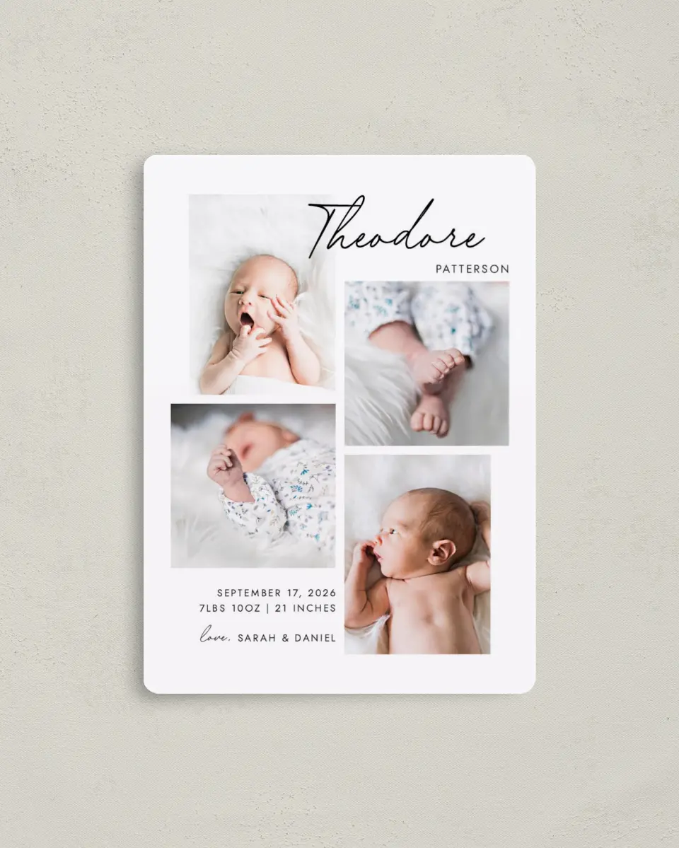 This is a 4" x 5½" Birth Announcement Magnet called Precious Gallery printed in full color with Gold foil and a Luxe Satin finish