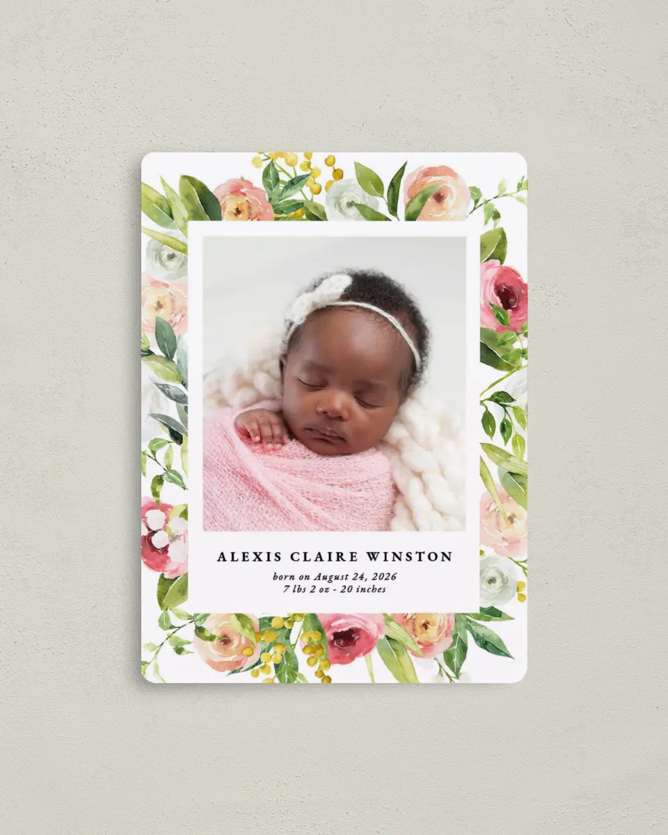 This is a 4" x 5½" Birth Announcement Magnet called Floral Baby printed in full color with a Luxe Satin finish