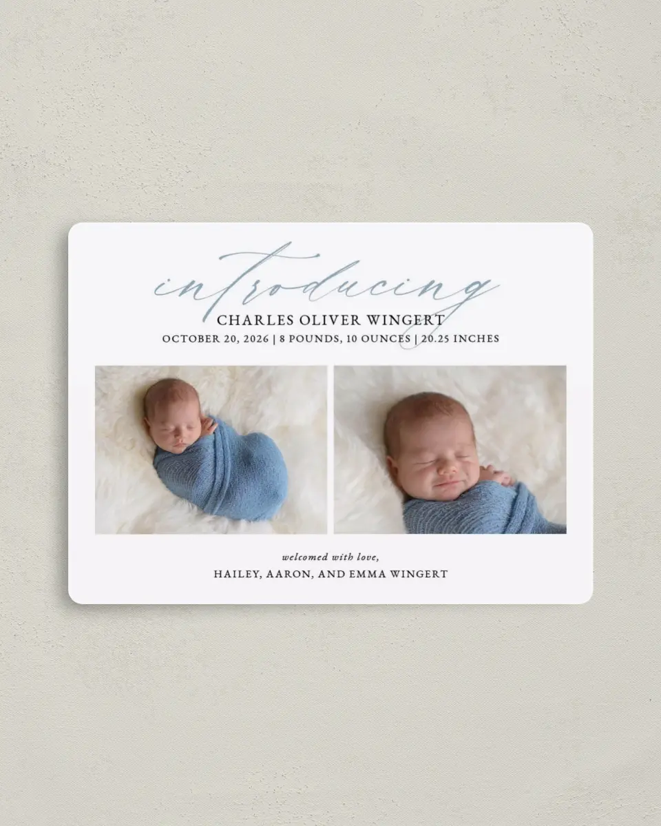 This is a 4" x 5½" Birth Announcement Magnet called Big Introduction printed in full color with Gold foil and a Luxe Satin finish