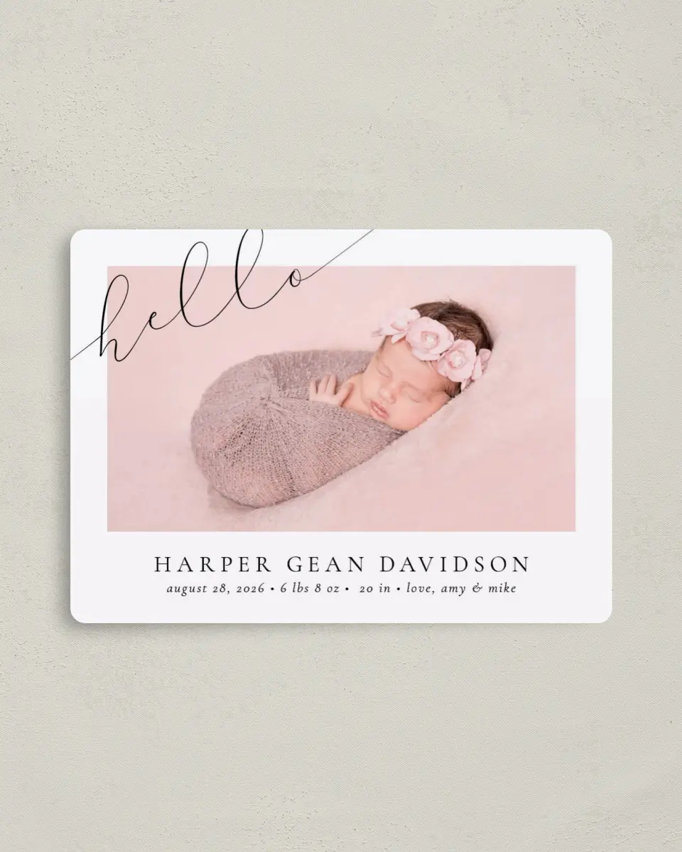 This is a 4" x 5½" Birth Announcement Magnet called Sweet Hello printed in full color with a Luxe Satin finish