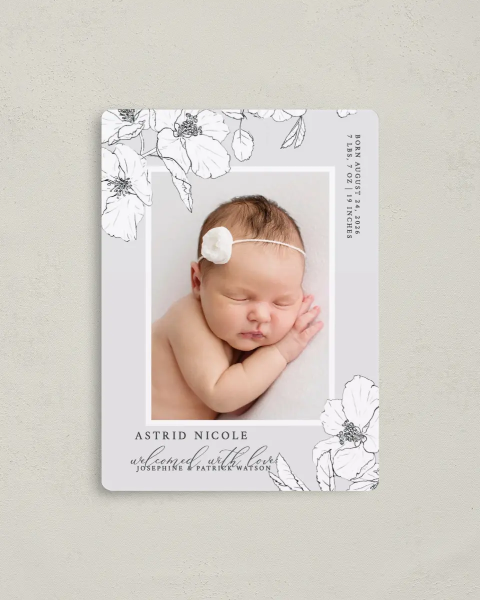 This is a 4" x 5½" Birth Announcement Magnet called Baby Blossom printed in full color with a Luxe Satin finish