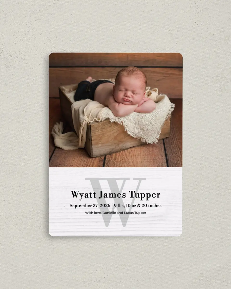 This is a 4" x 5½" Birth Announcement Magnet called Rustic Welcome printed in full color with Gold foil and a Luxe Satin finish