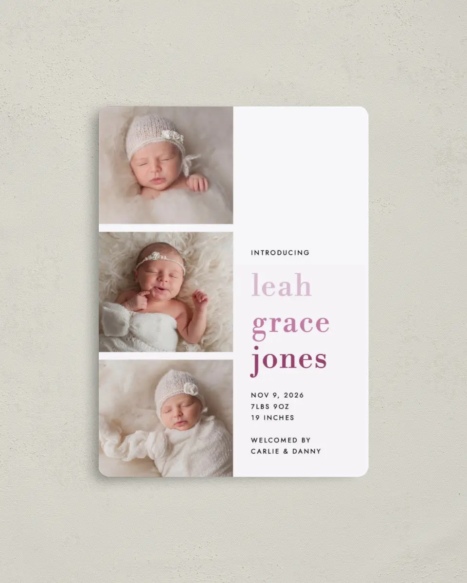 This is a 4" x 5½" Birth Announcement Magnet called Adorable Stack printed in full color with Gold foil and a Luxe Satin finish