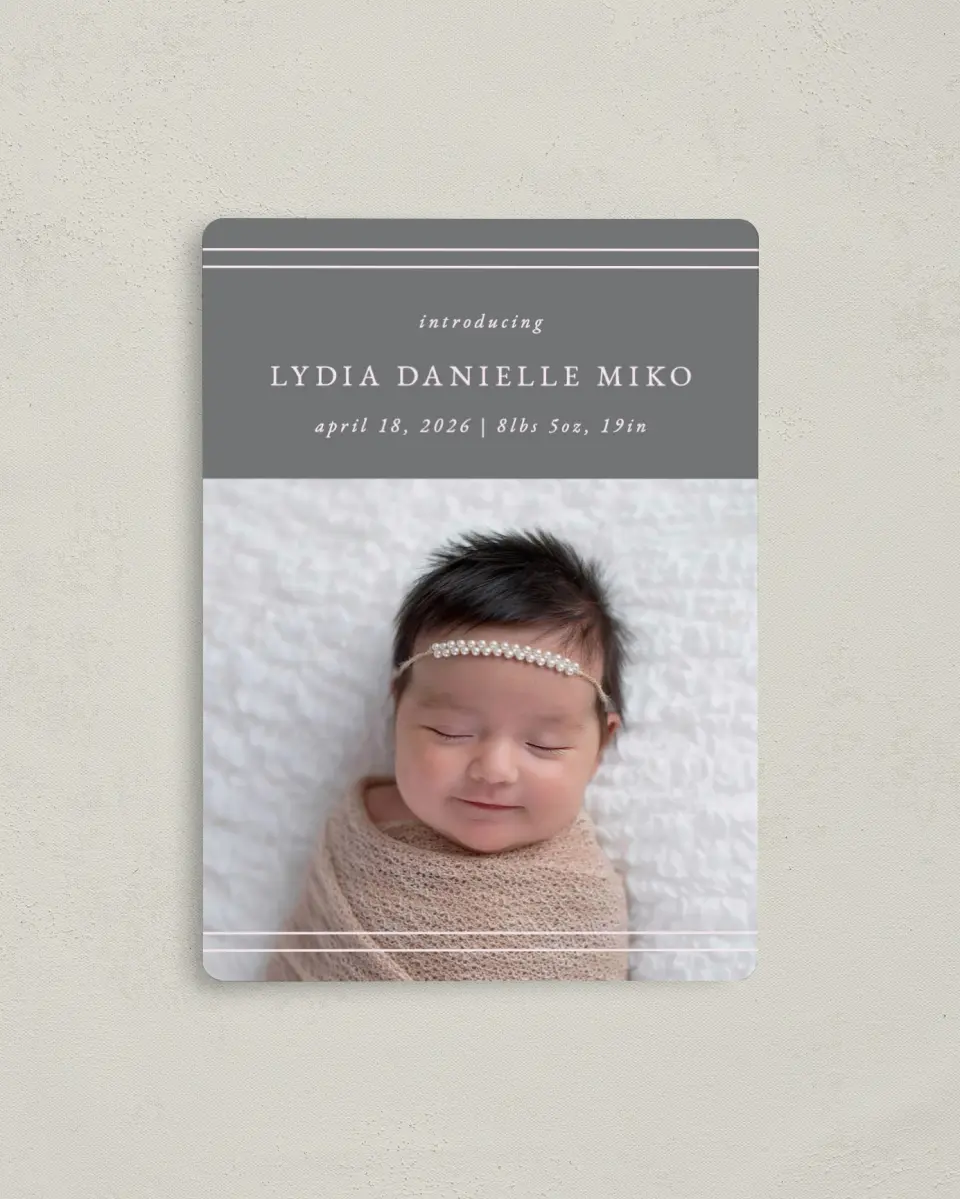 This is a 4" x 5½" Birth Announcement Magnet called Simple Stripes printed in full color with a Luxe Satin finish