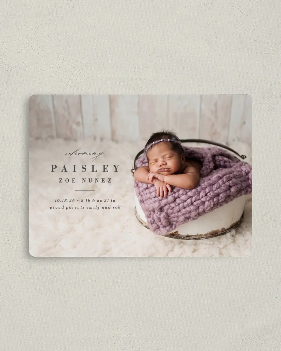 This is a 4" x 5½" Birth Announcement Magnet called Adored printed in full color with Rose Gold foil and a Luxe Satin finish