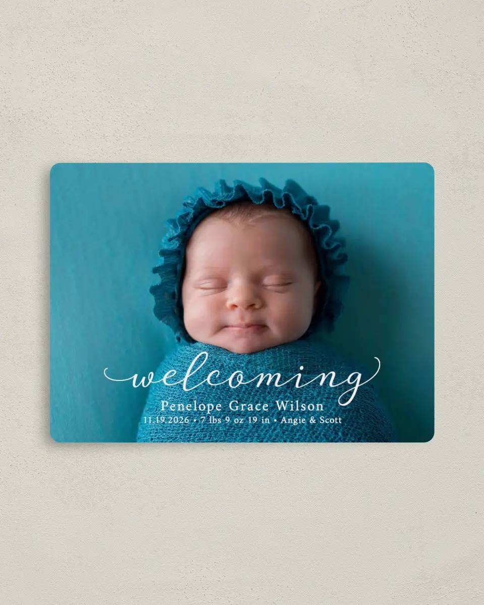 This is a 4" x 5½" Birth Announcement Magnet called Darling Welcome printed in full color with Silver foil and a Luxe Satin finish