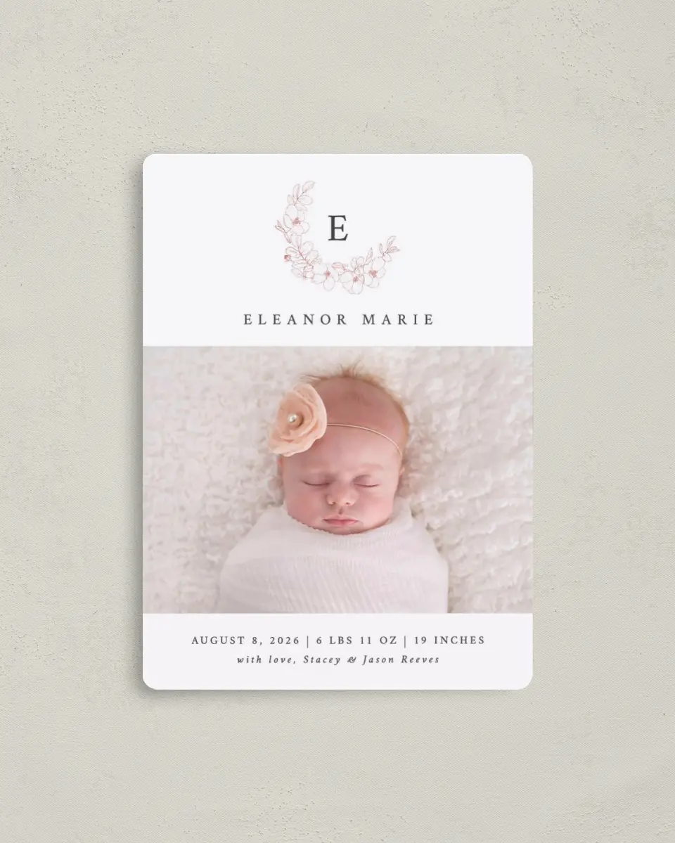 This is a 4" x 5½" Birth Announcement Magnet called Delicate Wreath printed in full color with Gold foil and a Luxe Satin finish
