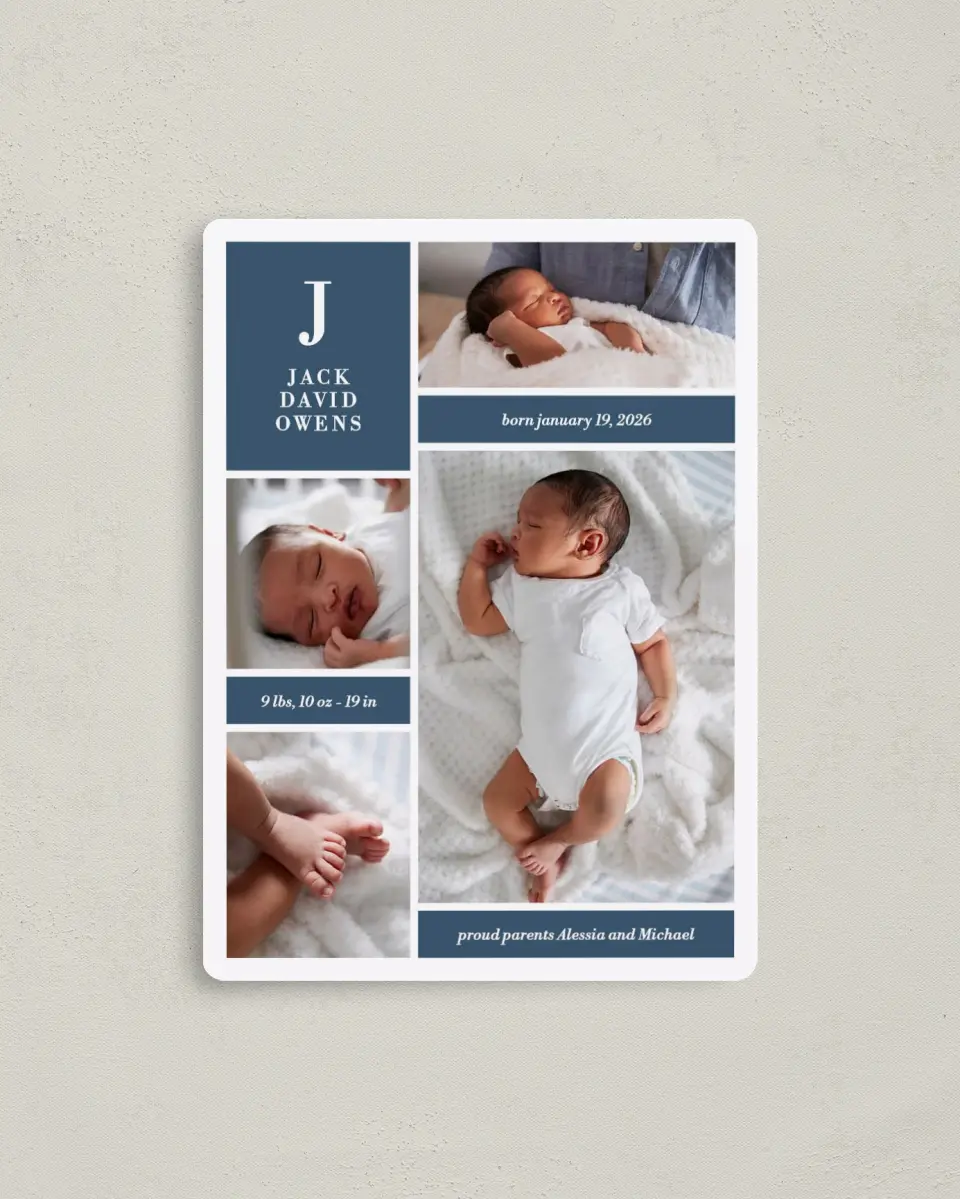 This is a 4" x 5½" Birth Announcement Magnet called Bold Blocks printed in full color with Gold foil and a Luxe Satin finish