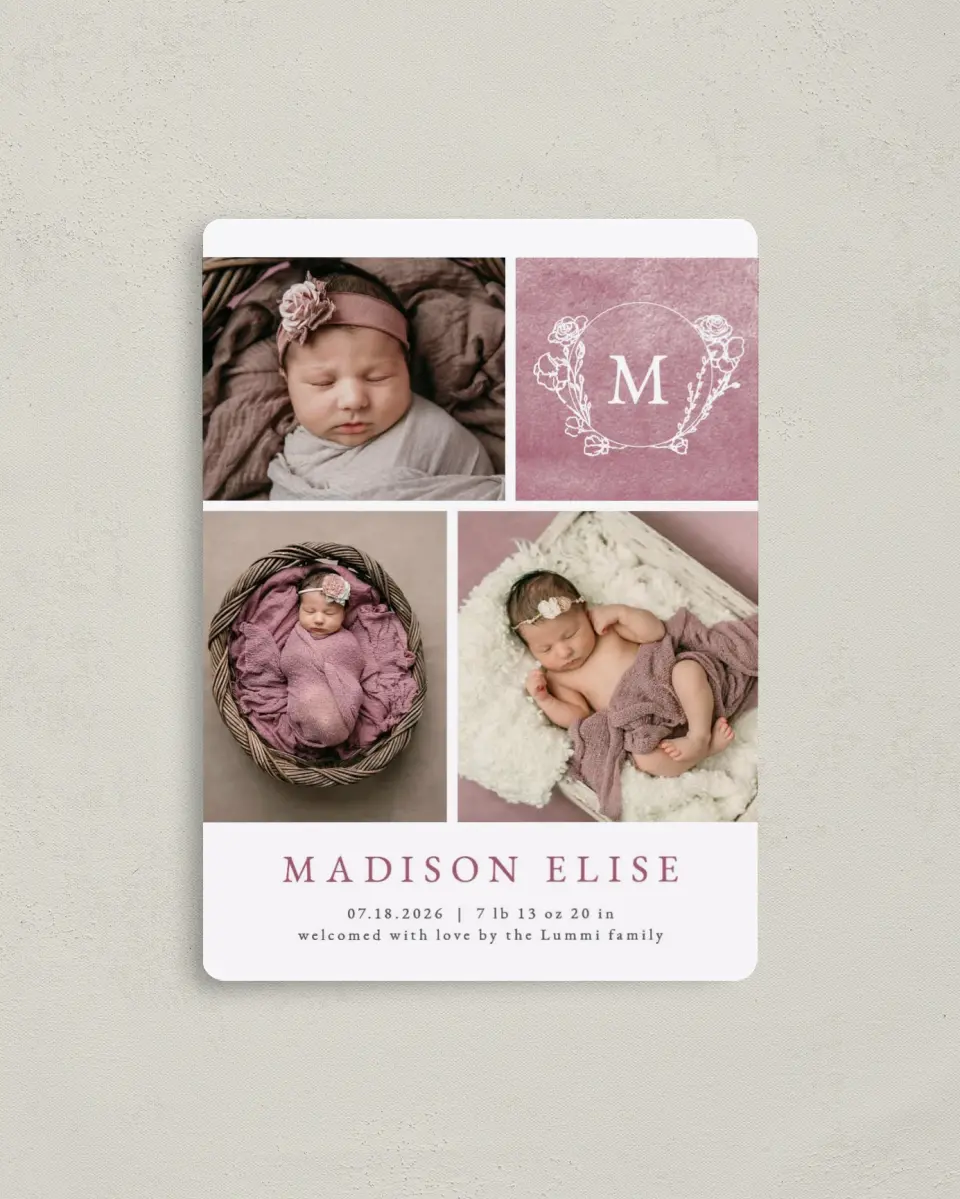 This is a 4" x 5½" Birth Announcement Magnet called Blooming Monogram printed in full color with Rose Gold foil and a Luxe Satin finish