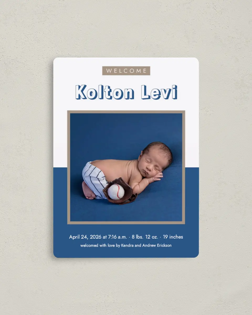 This is a 4" x 5½" Birth Announcement Magnet called Welcome Block printed in full color with a Luxe Satin finish