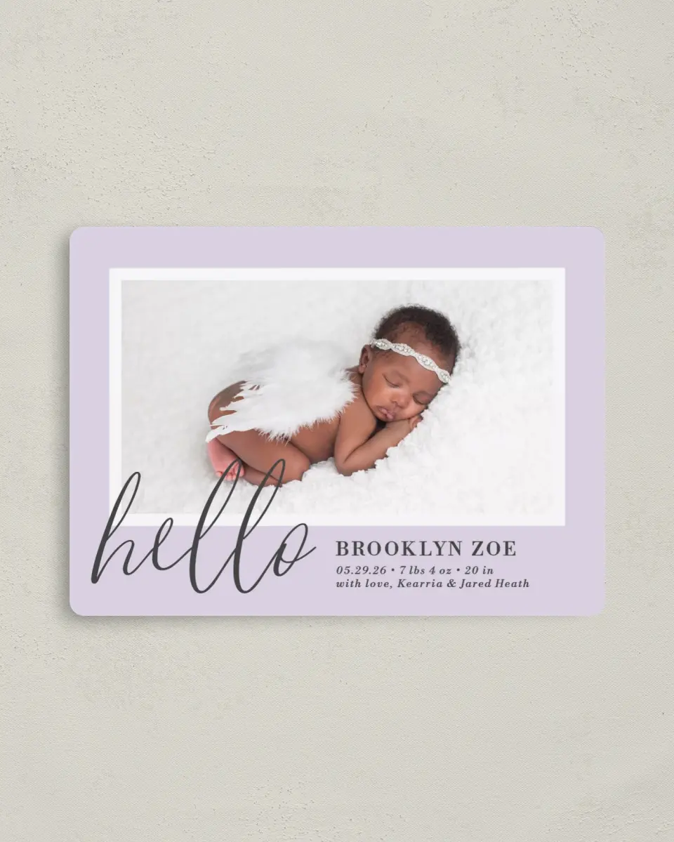 This is a 4" x 5½" Birth Announcement Magnet called Chic Hello printed in full color with Gold foil and a Luxe Satin finish