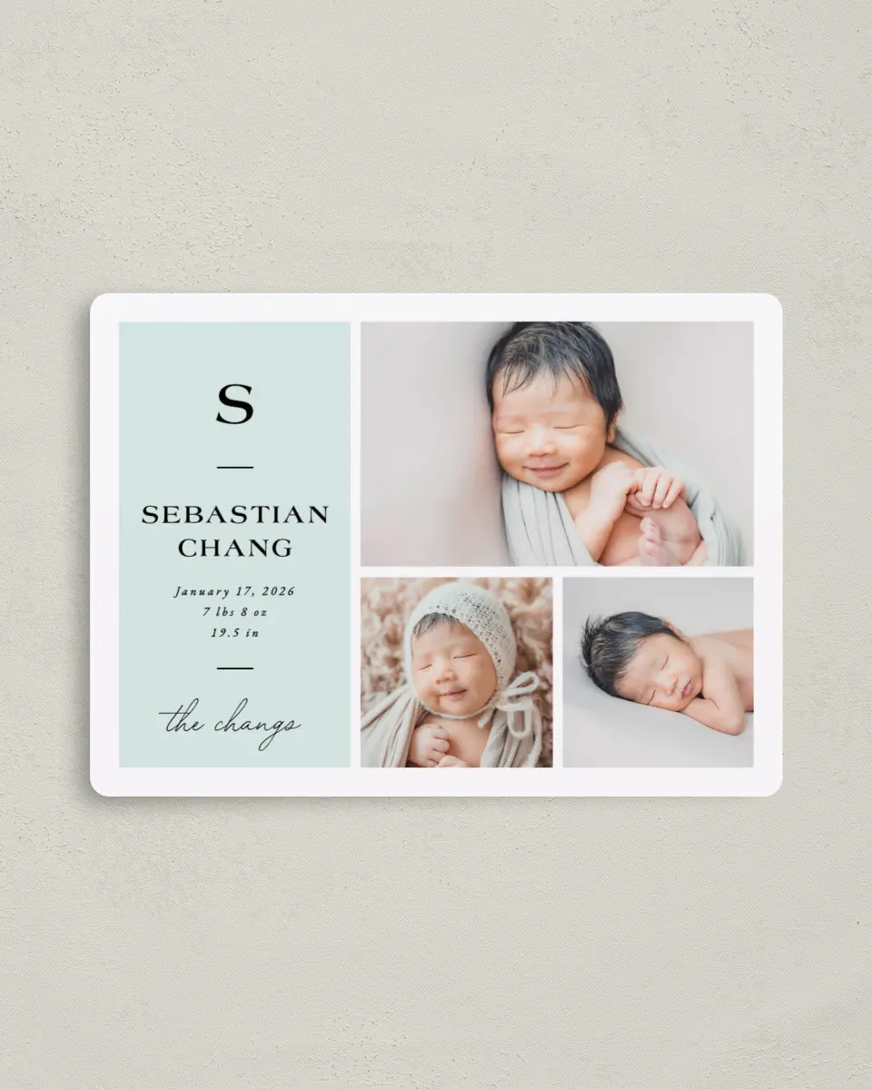 This is a 4" x 5½" Birth Announcement Magnet called Simple Initial printed in full color with Gold foil and a Luxe Satin finish