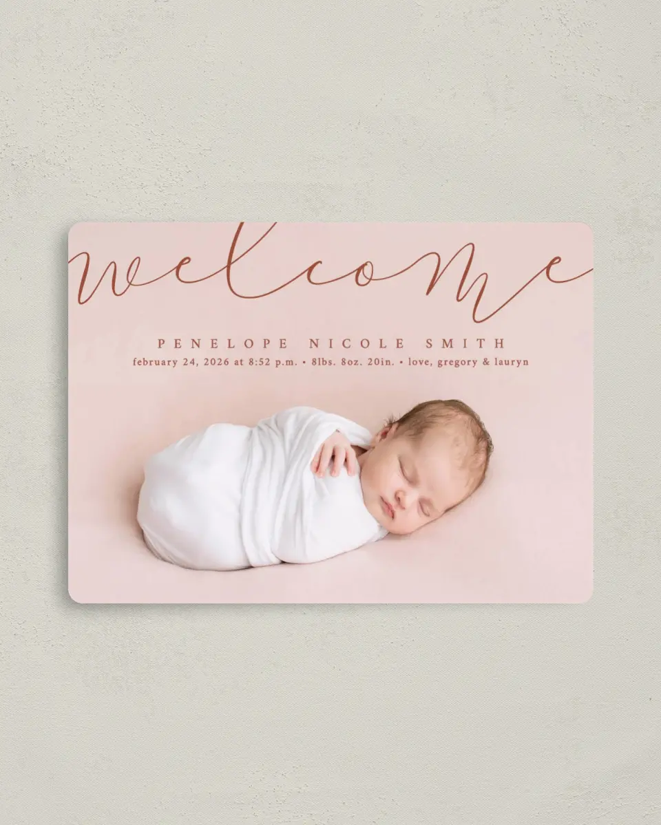This is a 4" x 5½" Birth Announcement Magnet called Blissful Welcome printed in full color with Gold foil and a Luxe Satin finish