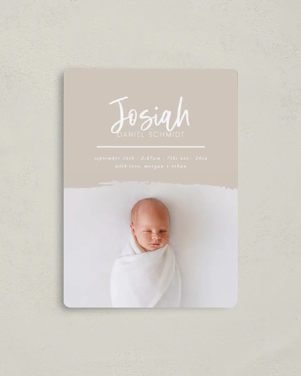 This is a 4" x 5½" Birth Announcement Magnet called Modern Brush printed in full color with a Luxe Satin finish
