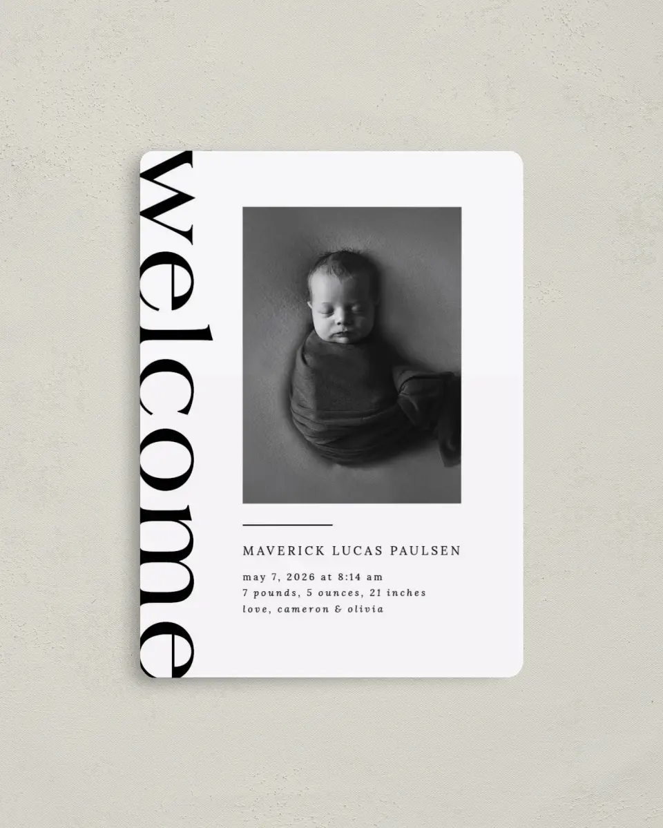 This is a 4" x 5½" Birth Announcement Magnet called Bold Welcome printed in full color with a Luxe Satin finish