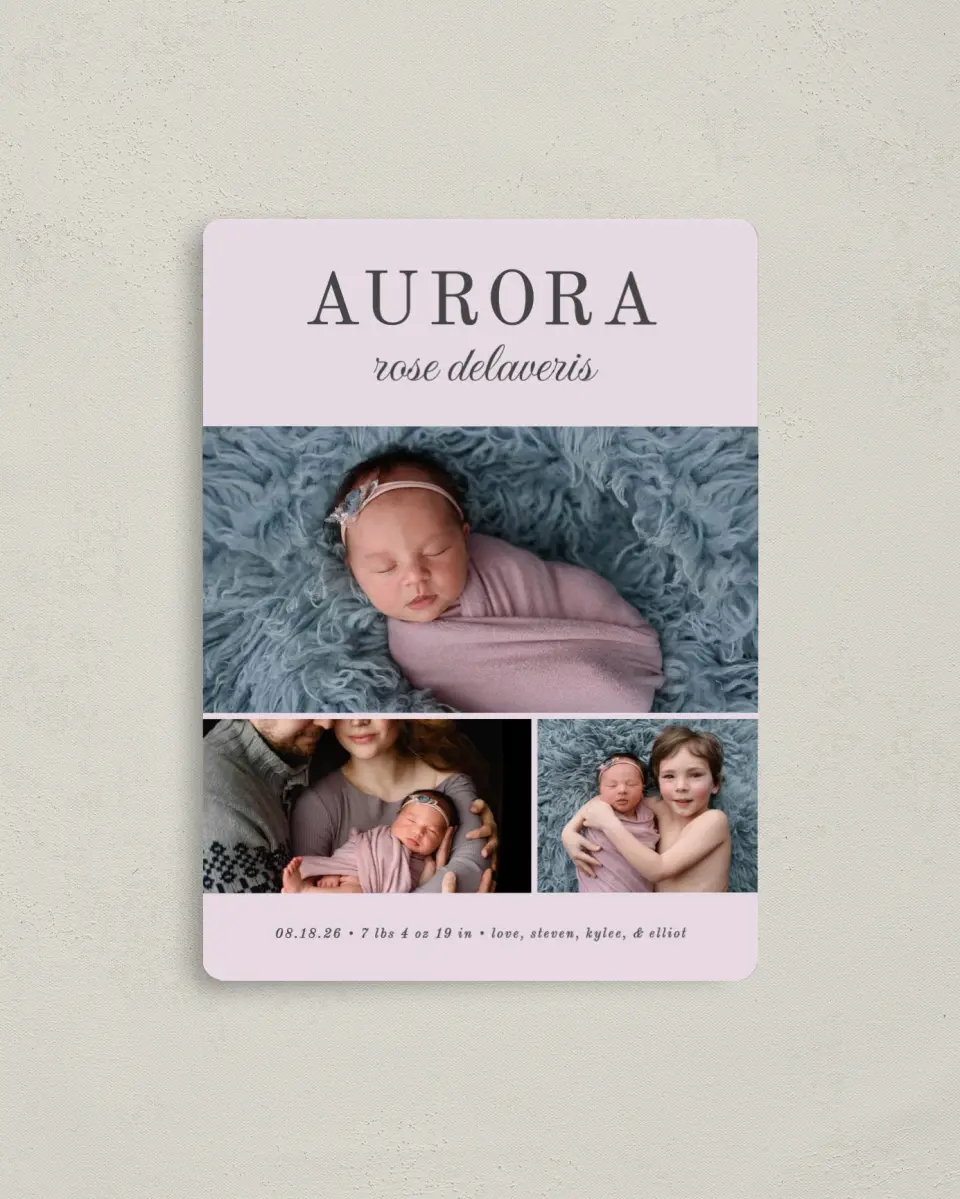 This is a 4" x 5½" Birth Announcement Magnet called Serene Debut printed in full color with Gold foil and a Luxe Satin finish
