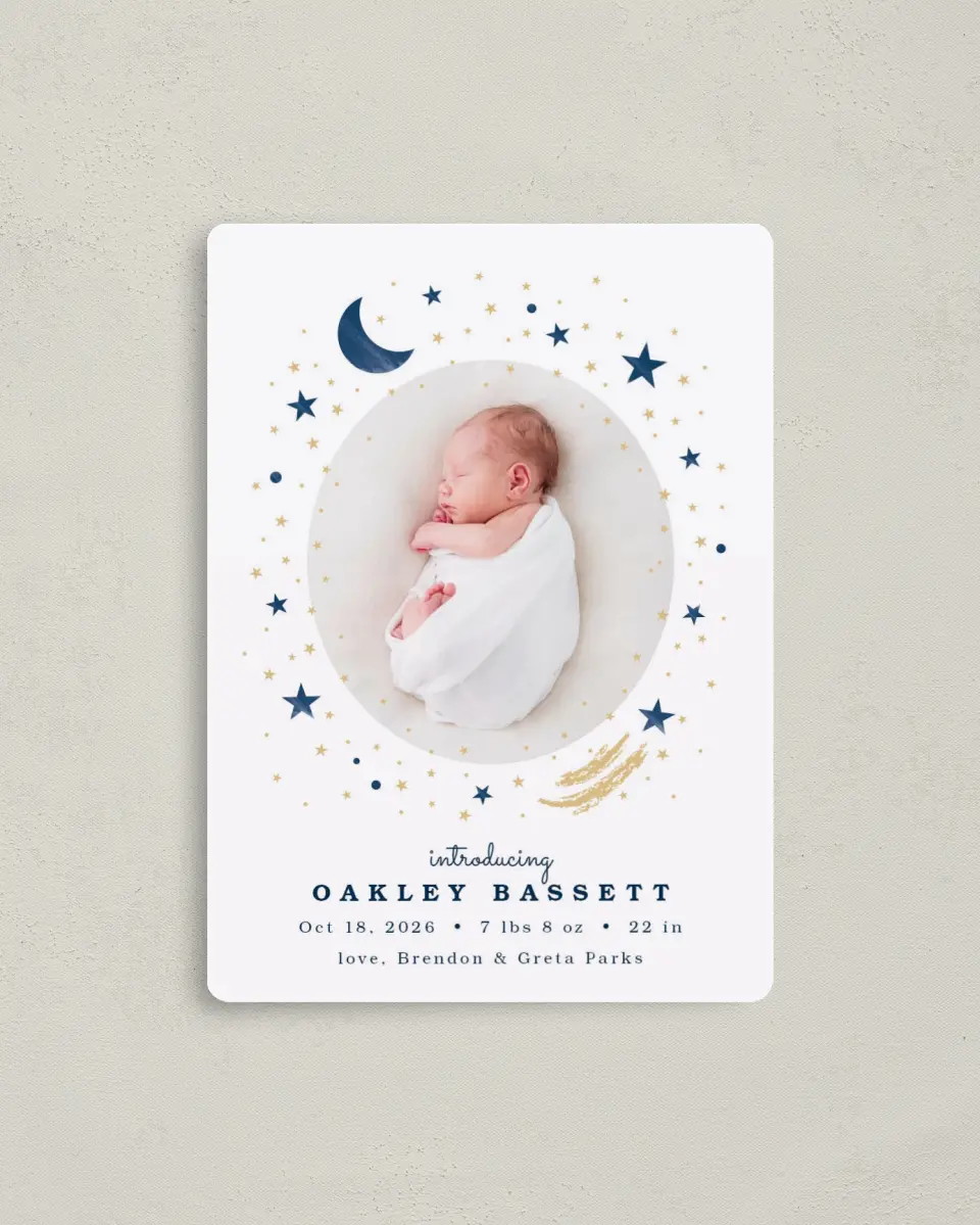 This is a 4" x 5½" Birth Announcement Magnet called Moon and Stars printed in full color with a Luxe Satin finish