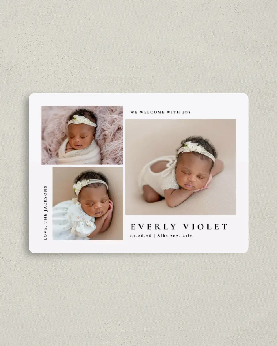 This is a 4" x 5½" Birth Announcement Magnet called Treasured printed in full color with Gold foil and a Luxe Satin finish