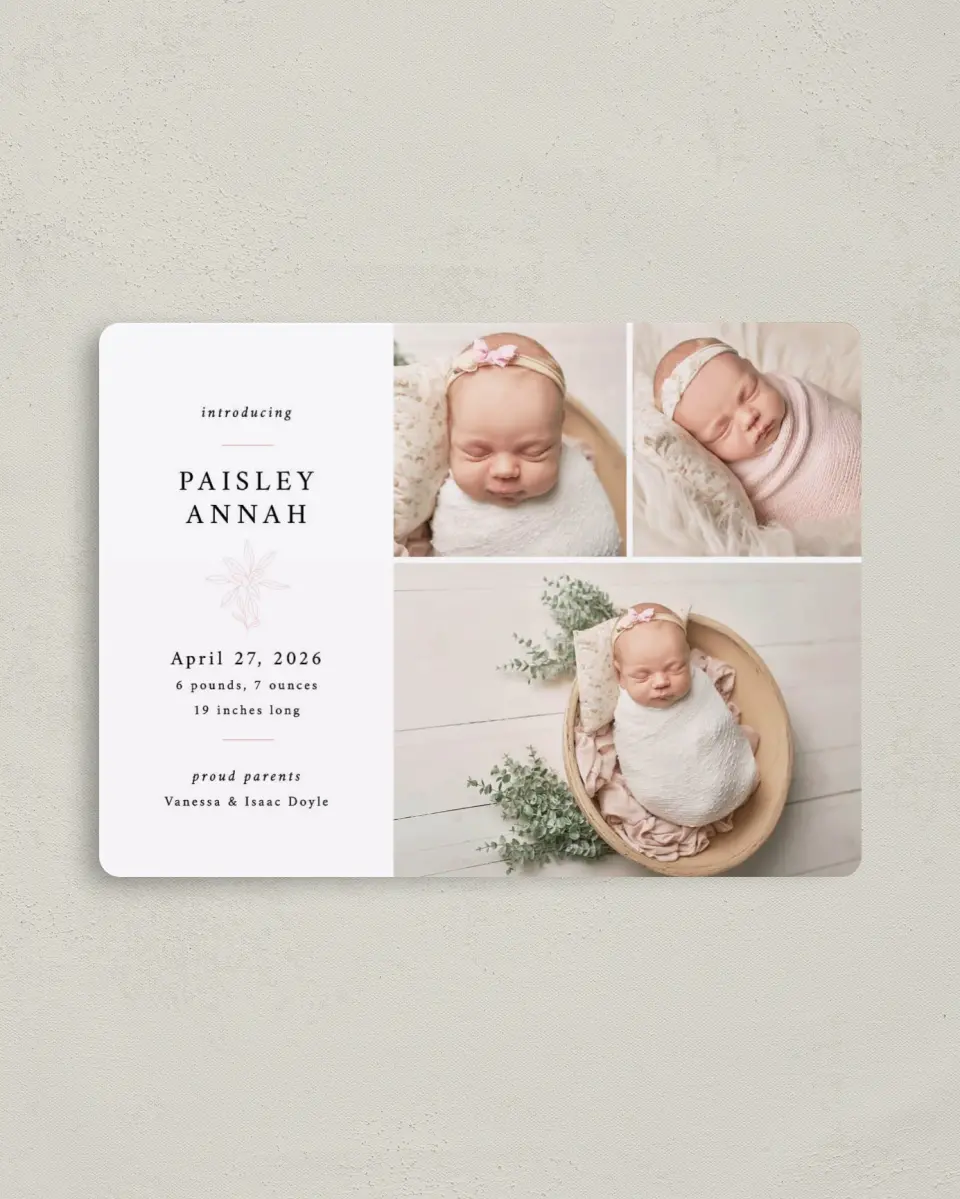 This is a 4" x 5½" Birth Announcement Magnet called Dainty Darling printed in full color with Silver foil and a Luxe Satin finish