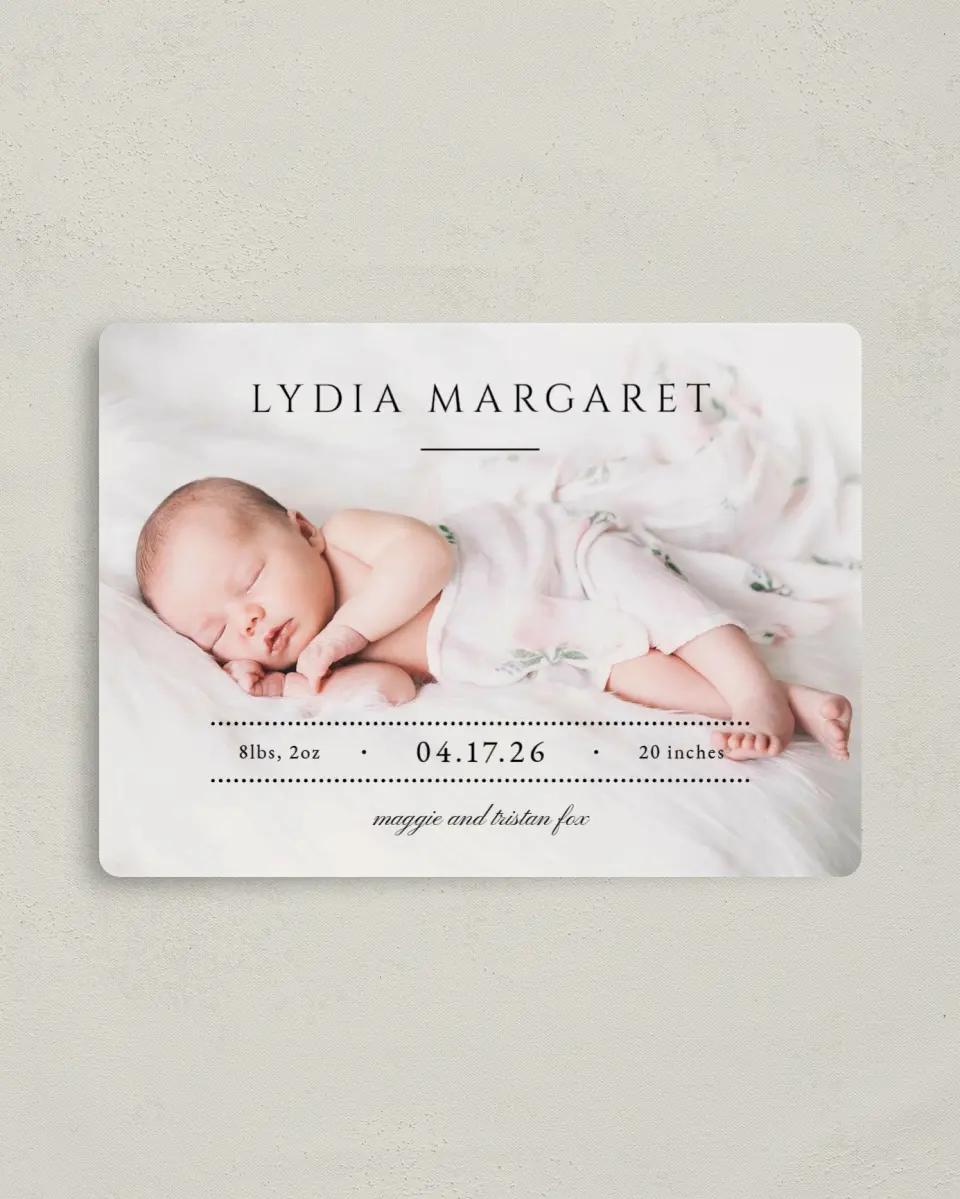 This is a 4" x 5½" Birth Announcement Magnet called Tiny Treasure printed in full color with Silver foil and a Luxe Satin finish