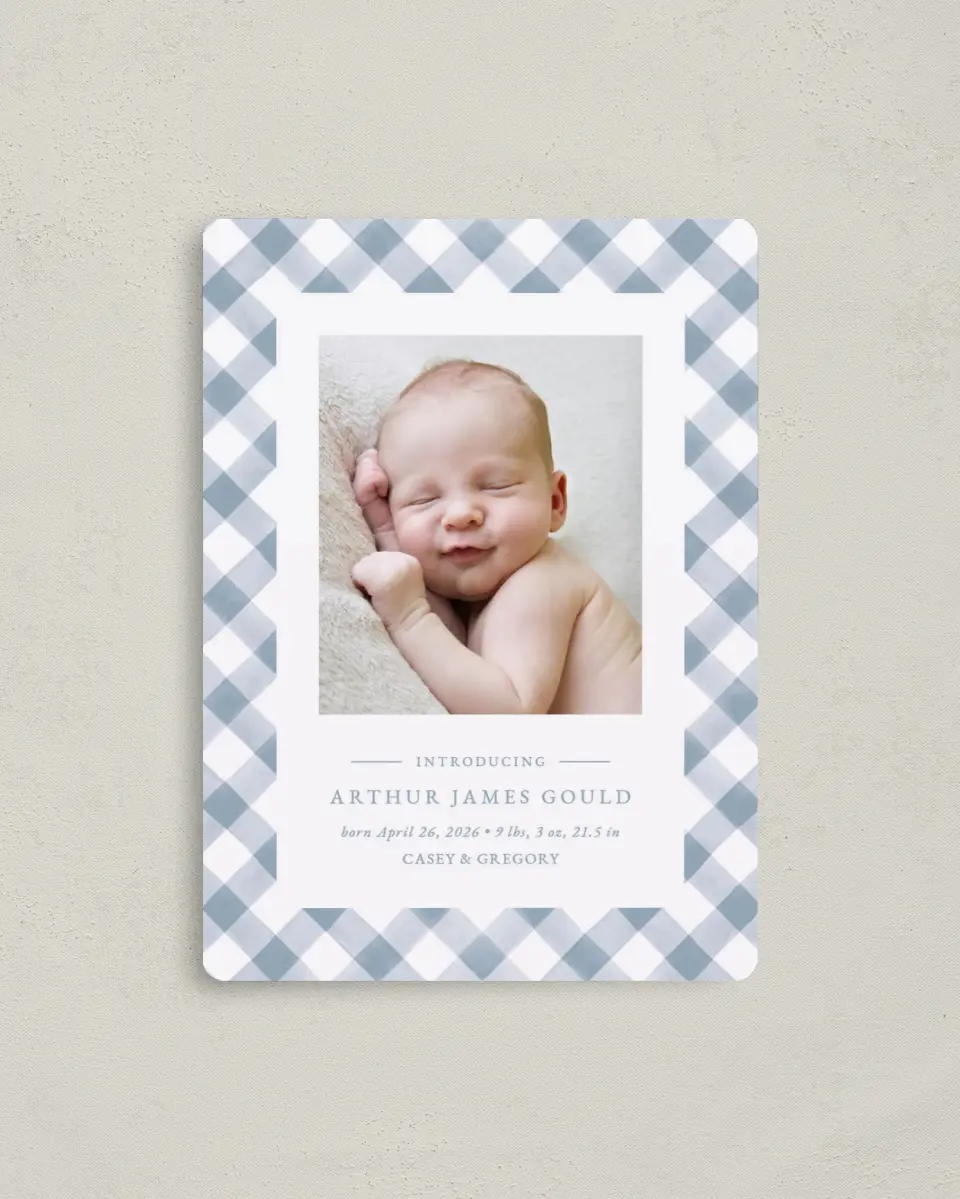 This is a 4" x 5½" Birth Announcement Magnet called Checked Cutie printed in full color with a Luxe Satin finish