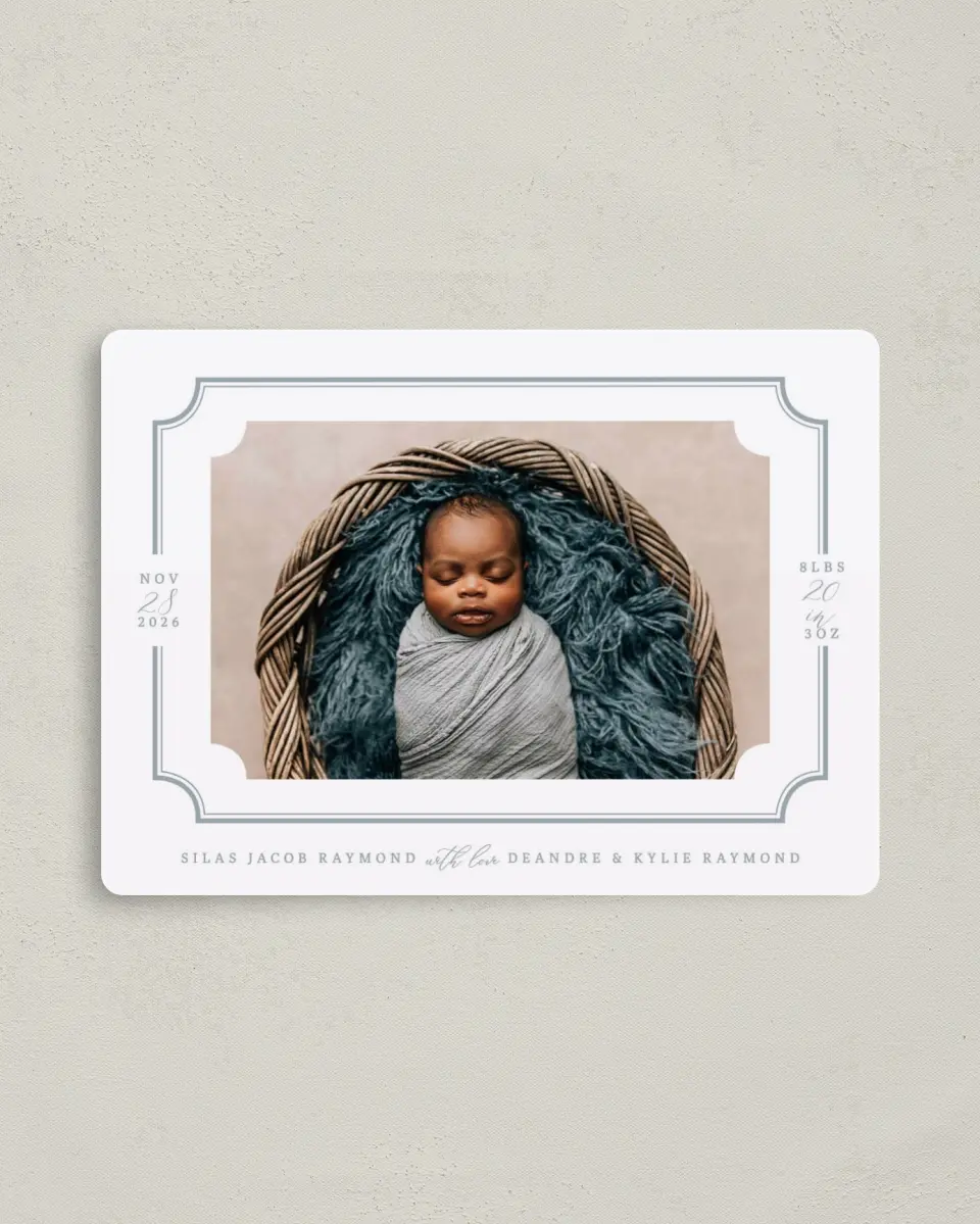 This is a 4" x 5½" Birth Announcement Magnet called Elegant Border printed in full color with Gold foil and a Luxe Satin finish