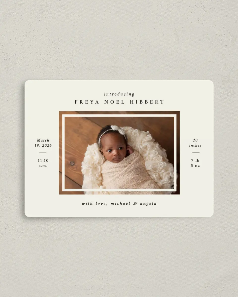 This is a 4" x 5½" Birth Announcement Magnet called Simply Ours printed in full color with Rose Gold foil and a Luxe Satin finish