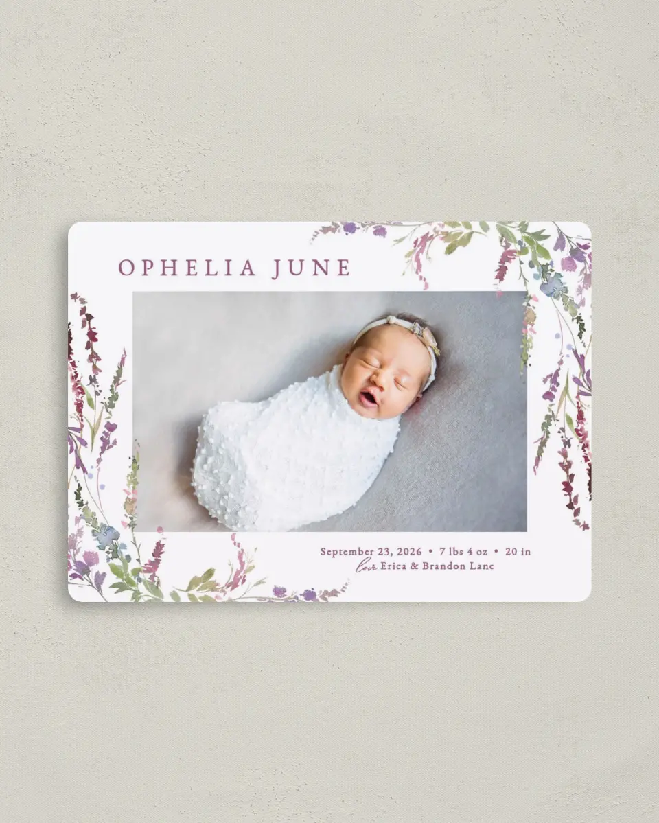 This is a 4" x 5½" Birth Announcement Magnet called Flower Child printed in full color with Gold foil and a Luxe Satin finish