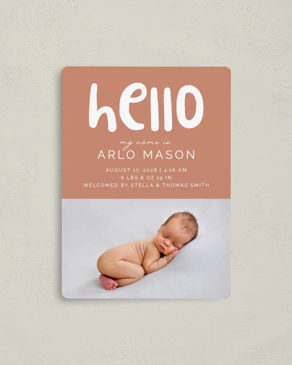 This is a 4" x 5½" Birth Announcement Magnet called Cute Hello printed in full color with Gold foil and a Luxe Satin finish
