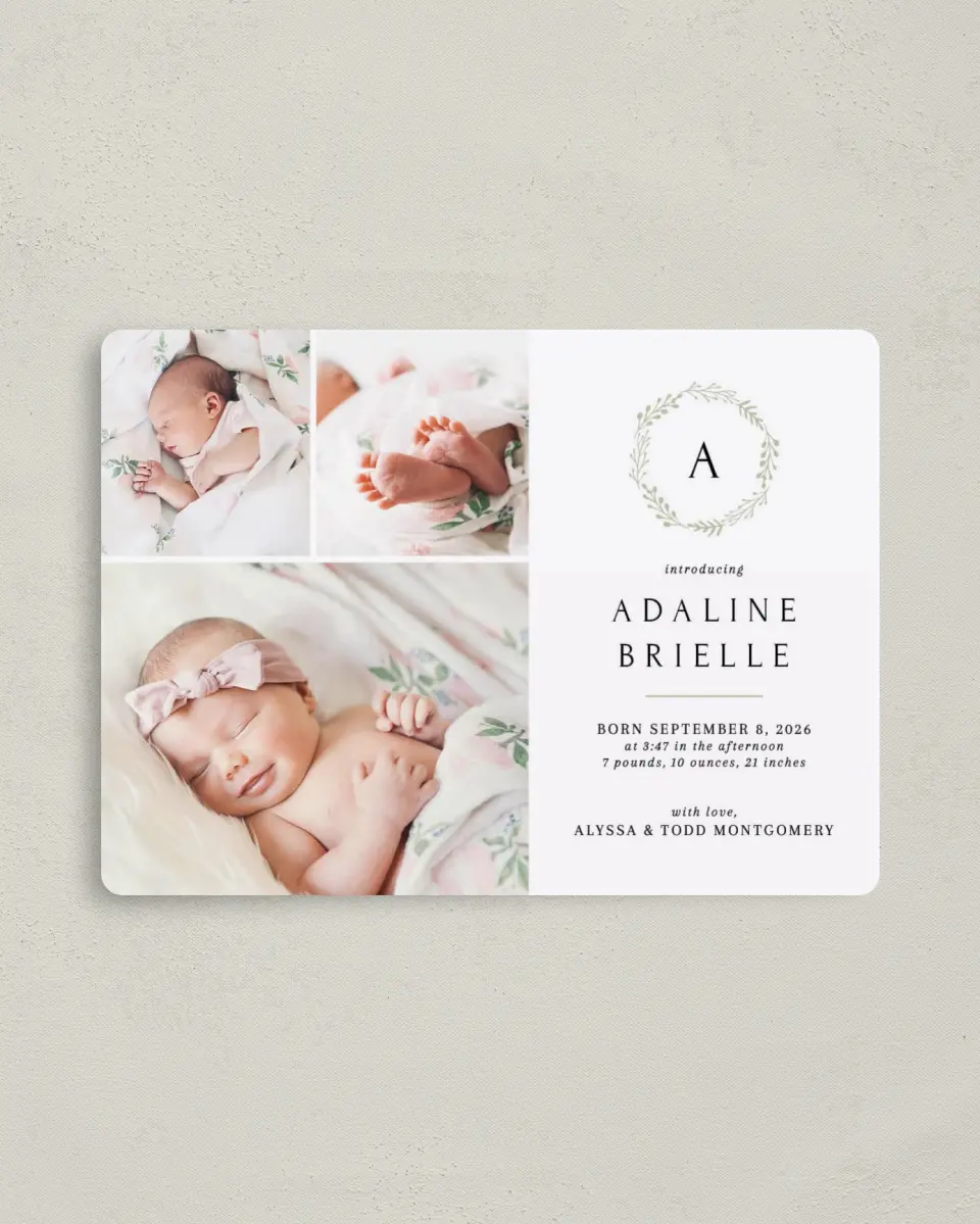 This is a 4" x 5½" Birth Announcement Magnet called Welcome Wreath printed in full color with Gold foil and a Luxe Satin finish